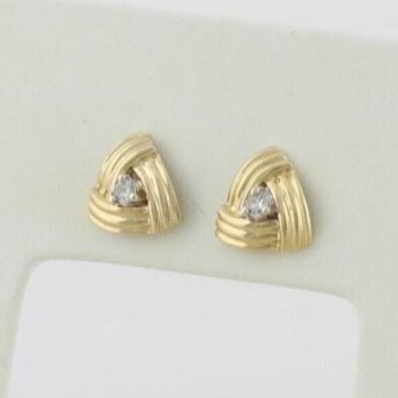 14k Yellow Gold Diamond Triangle Design Earrings Stud Post - Picture 1 of 8